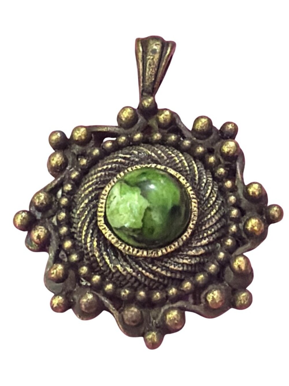 Antique Gold Tone Pendant Green Marbled Stone Round Textured 1.25" Orb